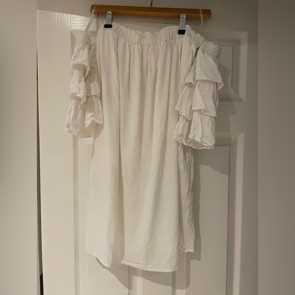 Deny Debo Brand white dress off the shoulder w/ sleeve. Size S.
